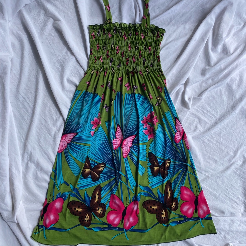 Green Floral Butterfly Sundress with Smocked Bodice